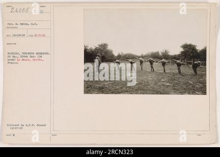 Soldato del 2nd Battalion, 329th Infantry che lancia granate durante una sessione di bombardamento a le Mans, in Francia, il 5 ottobre 1918. Questa foto è stata scattata dal sergente G. Ryden ed è stata ricevuta il 12 novembre 1918. È stato rilasciato dalla A.E.F. Censura il 15 novembre 1918. Foto Stock