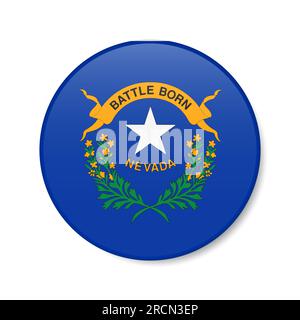 Icona del pulsante cerchio della bandiera del Nevada, distintivo rotondo dello stato degli Stati Uniti con ombra. Illustrazione vettoriale realistica 3D isolata su bianco. Illustrazione Vettoriale
