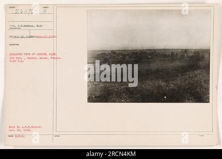 Pvt. J.E. Gibbon del Signal Corps scattò questa fotografia, numerata 26076, il 25 settembre 1918, a Osches, Meuse, Francia. Vista panoramica su Osches e dintorni alle 14:30 Questa foto era tenuta dall'A.E.F. Censor e successivamente pubblicato dalla W.F.C. Foto Stock