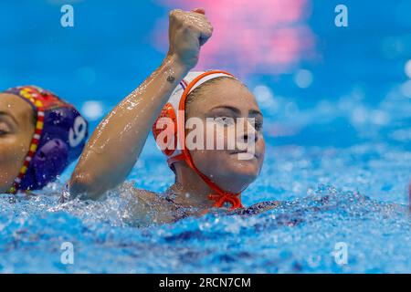 Fukuoka, Giappone. 16 luglio 2023. FUKUOKA, GIAPPONE - 16 LUGLIO: Brigitte Sleeking dei Paesi Bassi durante il World Aquatics Championships 2023 Women's Match Olanda e Spagna il 16 luglio 2023 a Fukuoka, Giappone (foto di Albert Ten Hove/Orange Pictures) credito: Orange Pics BV/Alamy Live News Foto Stock