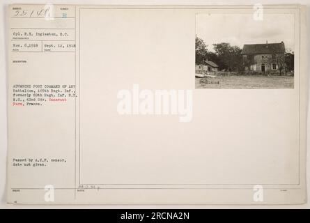 P.H. CPL Ingleston, S.C., fotografato il 6 novembre 1918, a Hazavant Farm, Francia. È visto qui in un posto avanzato al comando del 1st Battalion del 165th Infantry Regiment, precedentemente noto come 69th Infantry Regiment della New York National Guard. Questa fotografia [numero 25148] è stata ottenuta durante la ricognizione, ma la data specifica è sconosciuta. È stato approvato dalla censura delle American Expeditionary Forces (A.E.F) e rilasciato dalla Military Intelligence Division, Office of the Chief of staff. Non ci sono altre note dettagliate. Foto Stock