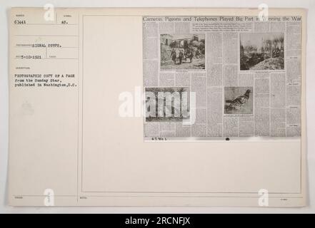 Una copia fotografica di una pagina del giornale The Sunday Star, scattata dal Signal Corps il 3 ottobre 1921 a Washington, D.C. La copia contiene un articolo intitolato "Cameras, Pigeons, and Telephones played Big Part in Winning the War". Questa pagina fornisce informazioni preziose sulle attività militari durante la prima guerra mondiale. Foto Stock