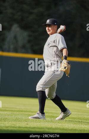 Denver CO, Stati Uniti. 15 luglio 2023. Lo shortstop di New York Anthony Volpe (11) poco prima della partita con i New York Yankees e i Colorado Rockies tenutasi al Coors Field di Denver Co. David Seelig/Cal Sport medi. Credito: csm/Alamy Live News Foto Stock