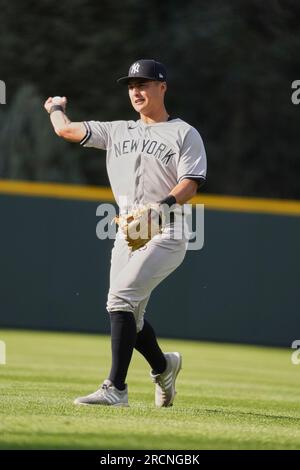 Denver CO, Stati Uniti. 15 luglio 2023. Lo shortstop di New York Anthony Volpe (11) poco prima della partita con i New York Yankees e i Colorado Rockies tenutasi al Coors Field di Denver Co. David Seelig/Cal Sport medi. Credito: csm/Alamy Live News Foto Stock