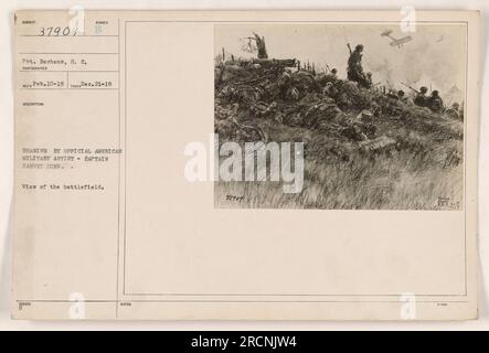 "Pvt. Berhens dell'esercito americano catturato in una fotografia scattata il 21 dicembre 1918. L'immagine mostra un disegno dell'artista militare ufficiale americano, il capitano Harvey Dunn. Il disegno, intitolato Munger Drawing, offre una vista del campo di battaglia. Questa fotografia, etichettata come 111-SC-37909, è stata scattata dal fotografo S.C.SED il 10 febbraio 1919." Foto Stock