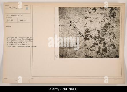 Mappa tattica del St. Operazione Mihiel il 15 settembre 1918. Questa mappa fu preparata sotto la direzione di Brig. Generale Hugh Drum, Capo di Stato maggiore del 1st Army U.S.A. Fu presa dal comandante Bhrens del Signal Corps. Il laboratorio fotografico si trovava a Vincennes, Senna, in Francia. Foto Stock