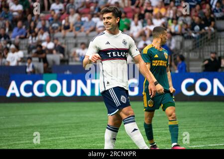 Vancouver, Canada. 15 luglio 2023. Vancouver, British Columbia, Canada, 15 luglio 2023: Brian White (24 Vancouver Whitecaps FC) sorride durante la partita di calcio della Major League tra Vancouver Whitecaps FC e LA Galaxy al BC Place Stadium di Vancouver, British Columbia, Canada (SOLO PER USO EDITORIALE). (Amy Elle/SPP) credito: SPP Sport Press Photo. /Alamy Live News Foto Stock