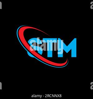 Logo STM. Lettera STM. Logo STM Letter. Logo STM iniziali associato a un cerchio e un monogramma maiuscolo. Tipografia STM per la tecnologia e le attività commerciali Illustrazione Vettoriale