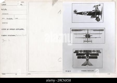 Una fotografia che mostra un Fokker Triplane tedesco, un tipo di aereo scout, scattato da un fotografo M.T.B. nel giugno 1918. L'immagine fa parte della collezione 111-SC-11815 Aviation della StillPixFindingAid AMIC. Fornisce la documentazione visiva dei vari tipi di aerei tedeschi durante la prima guerra mondiale Foto Stock