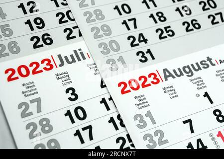 Calendario tedesco 2023 luglio e agosto settimana, lunedì, martedì, mercoledì Foto Stock