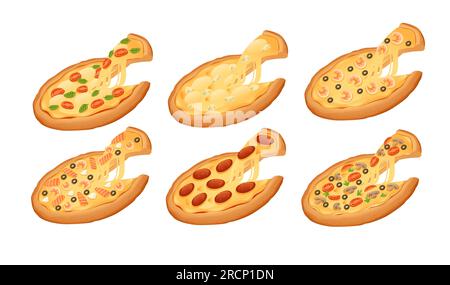 Set di diversi tipi di illustrazione vettoriale della pizza isolato su sfondo bianco Illustrazione Vettoriale