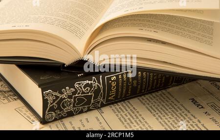 Libri classici in pelle impilati aperti Foto Stock