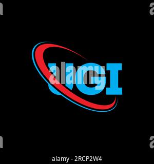 Logo UGI. Lettera UGI. Logo UGI Letter. Iniziali logo UGI collegato con cerchio e logo monogramma maiuscolo. Tipografia UGI per la tecnologia, le attività commerciali Illustrazione Vettoriale