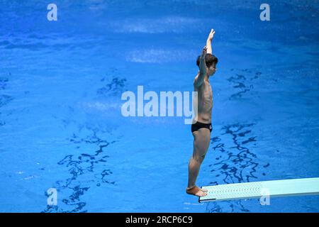 Fukuoka, Giappone. 16 luglio 2023. La cinese Zheng Jiuyuan gareggia durante la finale maschile del trampolino di lancio di 1 m dei Campionati mondiali di acquacoltura 2023 a Fukuoka, in Giappone, il 16 luglio 2023. Crediti: Xu Chang/Xinhua/Alamy Live News Foto Stock