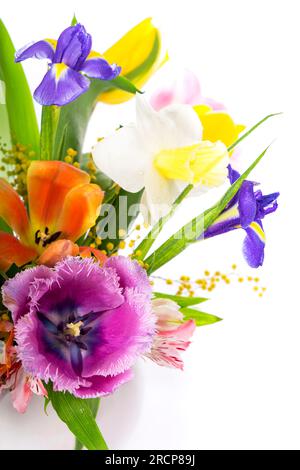 Bouquet primaverile brillante in vaso bianco. fiori primaverili, narcisi, tulipani, giacinti, iris e mimosa isolati su sfondo bianco Foto Stock