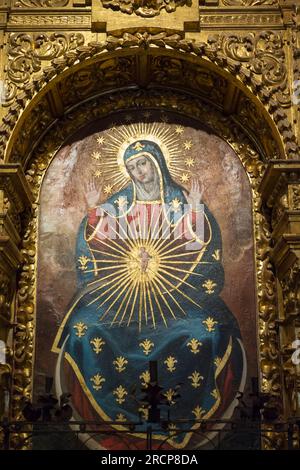 Cordova, provincia di Cordova, Andalusia, Spagna meridionale. Dipinto della Vergine Maria con il bambino Gesù nel suo grembo nella Mezquita, o moschea. La m Foto Stock