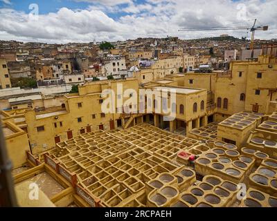 Le tradizionali tanerie Chouara nella Medina di Fez, Marocco, sono ancora oggi utilizzate per la lavorazione della pelle animale per la produzione di cuoio, ma qui a t Foto Stock