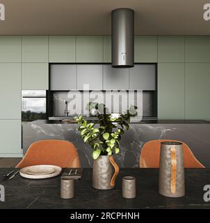 Cucina in una nuova casa di lusso con pavimento in marmo nero e legno duro. Armadi verdi scuro. Area pranzo con grande tavolo e piatti decorativi. 3d. Foto Stock