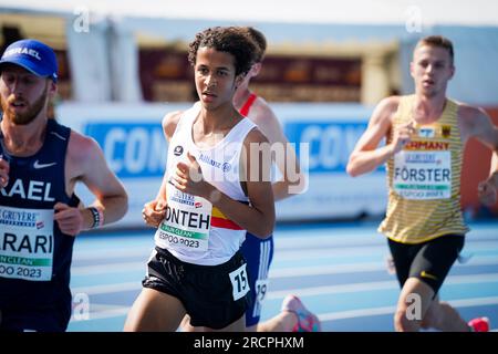 Espoo, Finlandia. 16 luglio 2023. Il belga Noah Konteh ha fotografato in azione durante la gara maschile dei 10000 m, nella quarta e ultima giornata dei Campionati europei di atletica leggera U23, domenica 16 luglio 2023 a Espoo, in Finlandia. I campionati europei si svolgono dal 13 al 17 luglio. BELGA PHOTO COEN SCHILDERMAN Credit: Belga News Agency/Alamy Live News Foto Stock