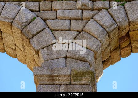 Segovia, Spagna - 11 febbraio 2023: Acquedotto romano. Vista angolare bassa di una colonna e due archi in blocchi di pietra. Cielo blu. Foto Stock