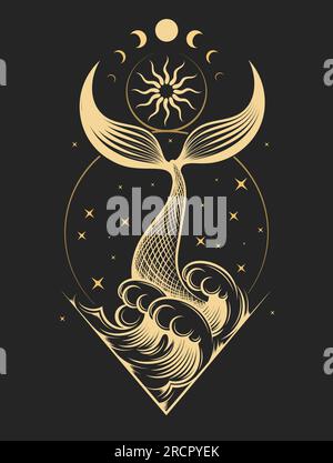 Esoterica cosmologia emblema di Fish Tail Splash Out of Ocean Waves e Moon Magic isolati su bianco. Illustrazione vettoriale Illustrazione Vettoriale