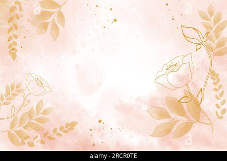 Sfondo libero dipinto ad acquerello rosa con strisce di fiori e foglie. Foto Stock