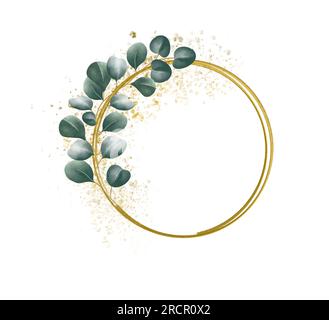 Cornice circolare dorata con viti a foglia foglie foglie di eucalipto segato su una cornice su sfondo bianco Foto Stock