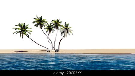 Albero di cocco sulla spiaggia di mare sul retro bianco con percorso di ritaglio, rendering di illustrazione 3D. Foto Stock