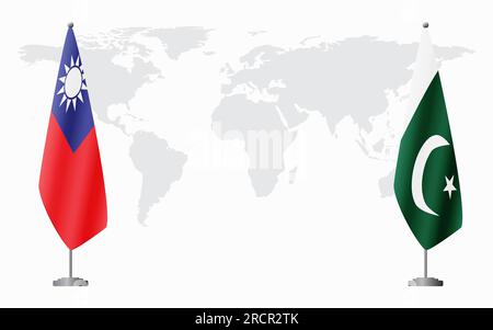 Taiwan e Pakistan bandiere per un incontro ufficiale sullo sfondo della mappa mondiale. Illustrazione Vettoriale