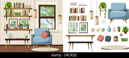 Design interno del soggiorno con poltrona blu, scaffali, finestra e lampade a sospensione. Set di mobili. Costruttore di interni. Vettore cartoon Illustrazione Vettoriale