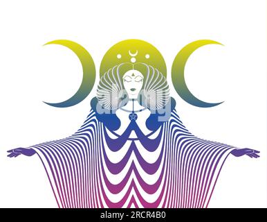 Triplice dea magica, sacerdotessa. Bella e colorata fata donna con corna e abito lungo. Gotico wiccan witch design sacro femminile, luna magica Illustrazione Vettoriale