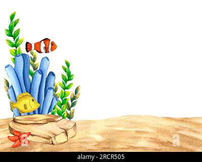 Pietre acquerellate, stelle marine, pesci pagliaccio dei cartoni animati, graziosi pesci tang gialli, blu, alghe viola, barriera corallina rossa. Illustrazioni sott'erba e sotto Foto Stock