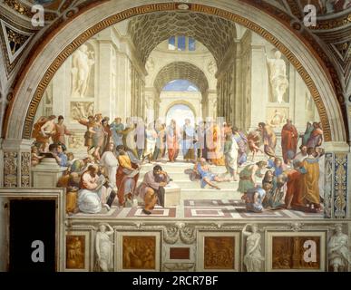 Scuola di Atene o Scuola di Atene. Affresco di Raffaello nel Palazzo Apostolico del Vaticano. 1511. Foto Stock