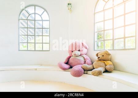 Due graziosi orsacchiotti rosa e marrone si siedono sul divano bianco vicino alla finestra del soggiorno. Due orsacchiotti seduti insieme con cuscini nella D. Foto Stock