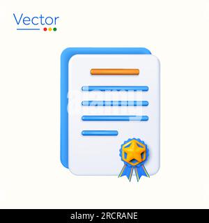 documento 3d, certificato, contratto, diploma, curriculum, contrassegna foglio, con icona medaglia, isolato su sfondo bianco. illustrazione vettoriale 3d. Illustrazione vettoriale Illustrazione Vettoriale
