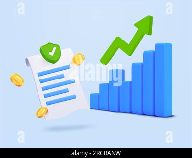 ricevuta o fattura 3d, scudo, segno di spunta, monete, barra crescente, grafico a colonne, grafico a linee, freccia, isolato sullo sfondo. Concetto di target di vendita, ricavi e profitti, aumento e report. Illustrazione vettoriale Illustrazione Vettoriale