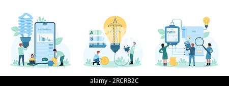 Illustrazione vettoriale del set di soluzioni per il pagamento e il risparmio delle bollette elettriche. Cartoni animati le persone più piccole controllano le letture dei contatori elettrici e pagano per kilowatt, risparmiano energia e denaro con la lampadina CFL Illustrazione Vettoriale