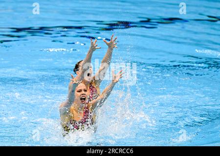 Fukuoka, Giappone. 16 luglio 2023. FUKUOKA, GIAPPONE - 16 LUGLIO: Noortje de Brouwer e Bregje de Brouwer Maxine Schaap dei Paesi Bassi competono in Women Duet Technical - Final il giorno 3 dei Campionati mondiali di acquacoltura di Fukuoka 2023 alla Marine Messe Fukuoka Hall A il 16 luglio 2023 a Fukuoka, Giappone (foto di Pablo Morano/BSR Agency) credito: Agenzia BSR/Alamy Live News Foto Stock