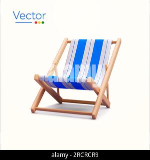 sedia in legno o lettino da spiaggia a strisce blu 3d, vista frontale, isolato su sfondo bianco. Concetto per l'ora legale, relax, viaggio, viaggio, isola, prenotazione, tour, resort. illustrazione vettoriale 3d. Illustrazione vettoriale Illustrazione Vettoriale