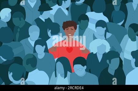Uomo felice nell'illustrazione vettoriale. Il cartone animato ha isolato solo un ragazzo con il volto soddisfatto tra persone tristi senza volto della città, un personaggio maschile di talento unico che si trova tra il gruppo di raccolta in ombra Illustrazione Vettoriale