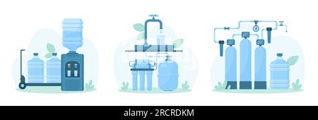 Illustrazione del vettore del set di purificazione e mandata dell'acqua. Impianto di filtrazione di cartoni animati e tubazioni a pressione, filtri sotto rubinetto in cucina o in bagno, bottiglie portatili in plastica per refrigeratore per ufficio Illustrazione Vettoriale