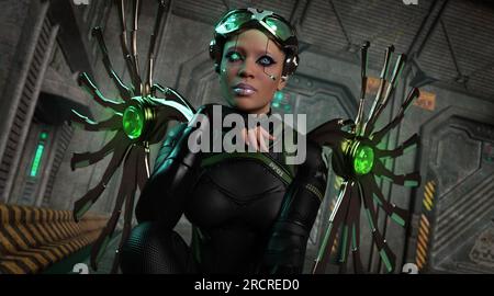 Grafica computerizzata 3d di un cyborg femminile con ali metalliche Foto Stock