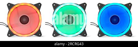 ventole di raffreddamento per computer colorate isolate su sfondo bianco, tre raffreddatori per ventola con contenitore per pc rgb, luci led di colore rosso, verde e blu Foto Stock