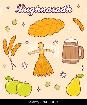 Lughnasadh (Lammaas) tradizionale festa del raccolto festa di festa dodle set. Pane, birra, frutta, mais di grano Dolly. Disegno carino del cartone animato, arte di clip vettoriale i Illustrazione Vettoriale