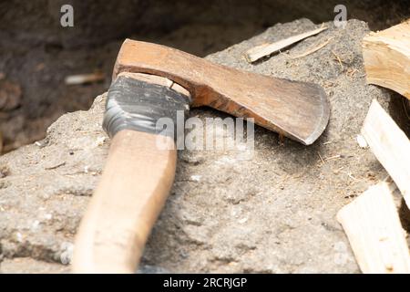 Un vecchio asino di lavoro giace su una pietra di granito in estate nella foresta mentre taglia la legna da ardere, uno strumento per tritare la legna da ardere, un taglialegna Foto Stock