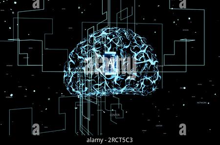 Visualizzazione di neuroni artificiali organizzati in più livelli, animazione di rendering 3D. L'INTELLIGENZA ARTIFICIALE elabora l'input utilizzando l'algoritmo impostato per trovare modelli nei dati e fornire output Foto Stock