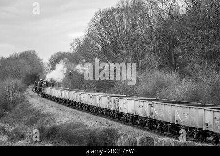 BR 'Class 5' 4-6-0 No. 73156 e 73082 'Camelot' fa tappa vicino a Kinchley Lane sulla Great Central Railway, Leicestershire Foto Stock