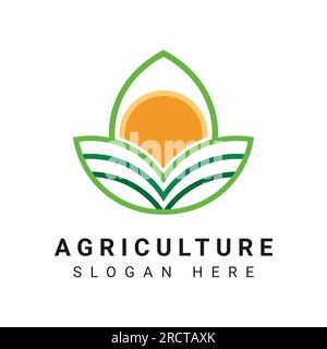 Agricoltura Farm Logo Design Field Organic Life Sun and Leaf Illustrazione Vettoriale