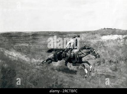 Stati Uniti: 1860 Un pilota Pony Express che attraversa le pianure. Il Pony Express operò per un periodo molto breve, da aprile 1860 a ottobre 1861. Ha portato la posta da St. Joseph, Missouri, a Sacramento, California. Foto Stock