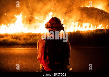 Moreno Valley, Stati Uniti. 14 luglio 2023. Un combattente CalFire Fighter guarda come si diffonde il fuoco del coniglio. I vigili del fuoco della California (CalFire) affrontano il fuoco dei conigli che sta attualmente conquistando Moreno Valley, California. I funzionari hanno confermato che l'incendio ha consumato oltre 3200 ettari di terreno e al momento rimane contenuto solo il 5%. (Foto di Jon Putman/SOPA Images/Sipa USA) credito: SIPA USA/Alamy Live News Foto Stock